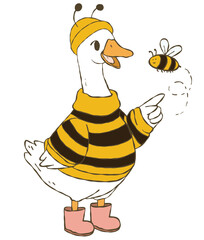A funny and adorable goose character dressed in a bumble bee costume, featuring wings and antennae. with little bumble bee