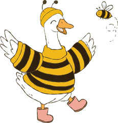 A funny and adorable goose character dressed in a bumble bee costume, featuring wings and antennae.