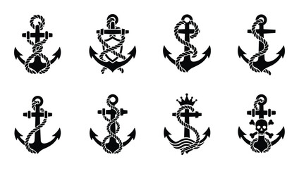 Collection of decorative anchors with rope and skulls sea ocean travel cruise trip vector illustration © GoDesigner