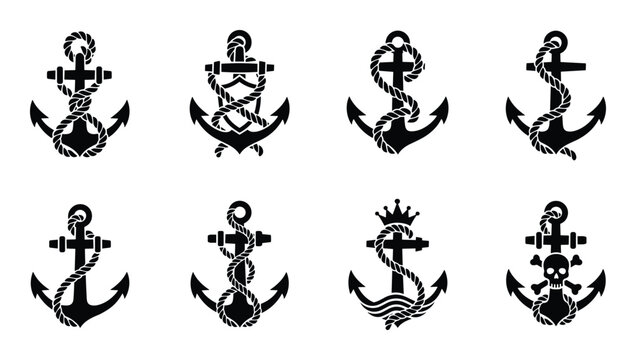 Collection of decorative anchors with rope and skulls sea ocean travel cruise trip vector illustration
