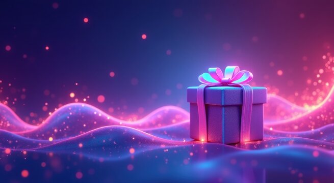 Gift box with a bow on a wave of water congrarulation holiday background gradient background copy space