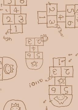 Patr&oacute;n de juego de rayuela 1 2 3 4 en dibujo a l&aacute;piz, repetici&oacute;n de rayuela infantil estilo dibujo a l&aacute;piz