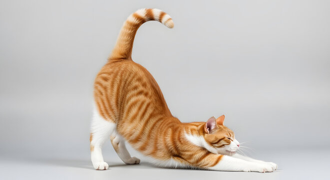 Realistic full body photo of a cat stretching with arched back, funny and natural pose, isolated on light neutral background