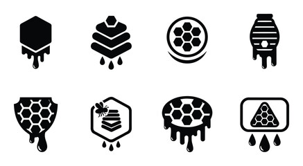 Honeycomb icon set, honey drips, beekeeping, apiary symbols, sweet honeycombs in various designs, vector © GoDesigner
