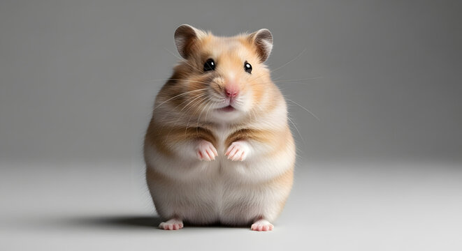 Realistic full body photo of a hamster standing upright with round body posture, cute and funny look, isolated on neutral background