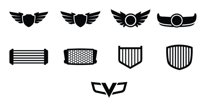 Heraldic emblem design shield with wings symbol tattoo style graphic design black and white vector art