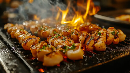 skilled chef preparing a delicious teppanyaki meal on a sizzling grill