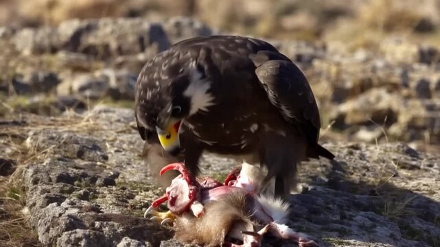 Eagle eating prey on ground rocks.