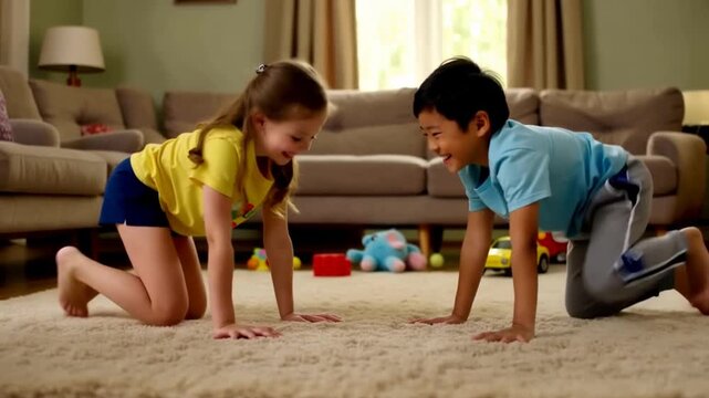 Kids doing push-ups on carpet.