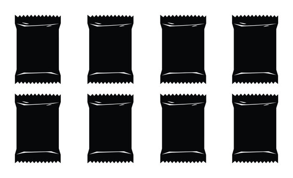 Set of black candy wrappers mockups isolated on transparent backdrop blank snack package template