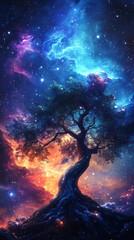 Fototapeta premium Ethereal fantasy tree with roots growing in the cosmos against a bright orange and blue nebula background with shining stars
