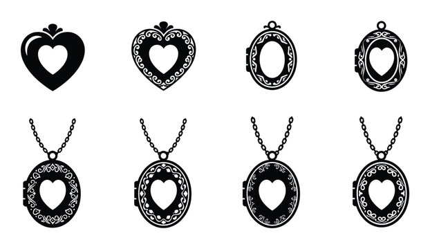 Set of ornate heart shaped locket in vintage style on transparent background for romantic design