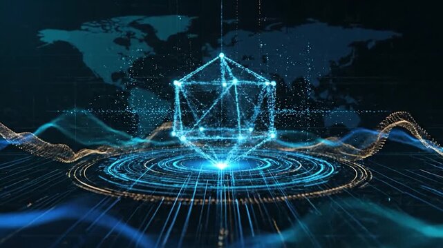 Futuristic 3D Geometric Shape with Glowing Connections.