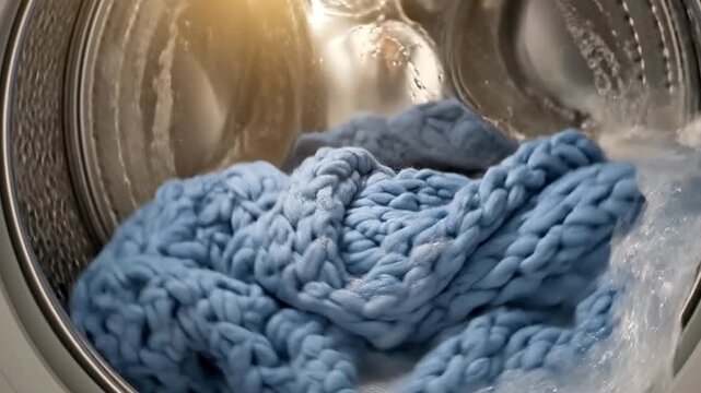 A serene, close-up view captures a luxurious, chunky light blue knitted blanket undergoing a gentle wash cycle inside a sleek, modern washing machine drum. Water cascades over the soft, textured texti