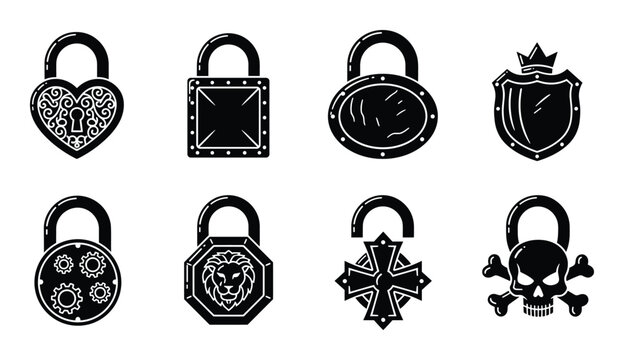 Set of various fantasy silhouette padlocks vintage locks heart shape and skull crossbones vector