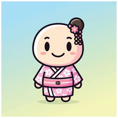 Cute Cartoon Girl Wearing Kimono Dress.