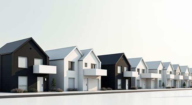 Row of houses with a white roof and black and white siding copy space
