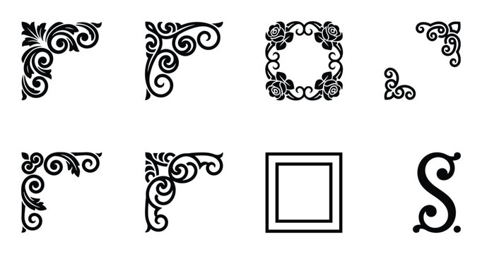 Set of vintage floral design corners, flower swirl frames, flourish scrolls vector decorations elements