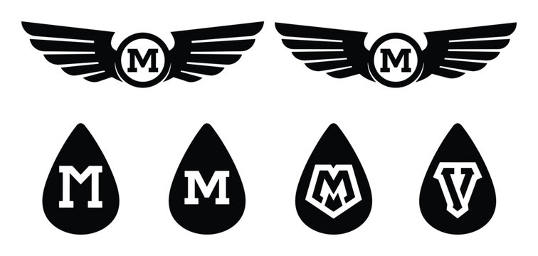 Set of winged monograms silhouettes initial letters m and v with wings and drops vector