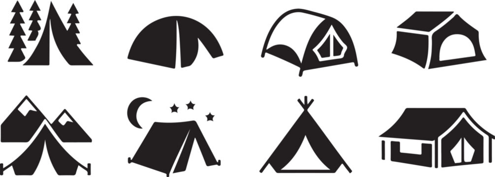 tent icon set camping outdoor symbols tent cabin mountain teepee lodge