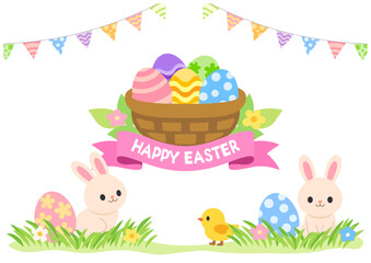 イースターかご イラスト｜うさぎとひよこ © Studio Trinity