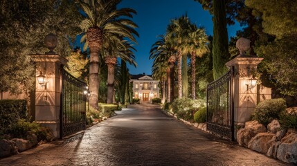 Fototapeta premium Luxurious mansion entrance with open gates and palm trees at night with illuminated driveway leading to grand estate