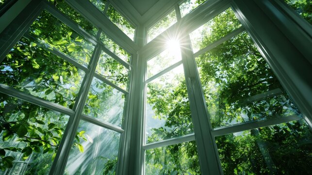 Bright sunlight shines through open window frames with green trees and clear sky in a modern space promoting energy savings
