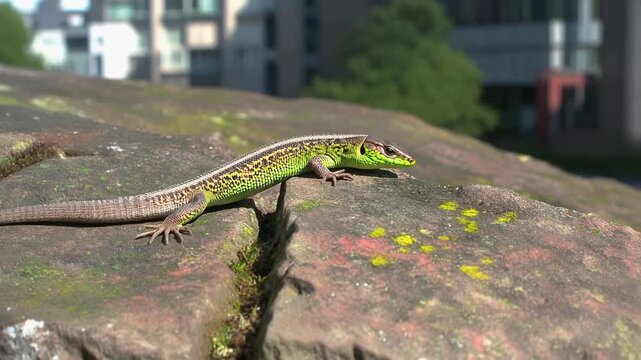 Green lizard on a rock surface.