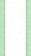 和紙風の背景に緑色の和柄フレームを配した縦長の和風デザインイラスト