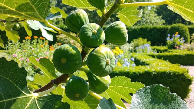 Green figs growing on tree branch.