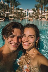 Obraz premium Young couple enjoys summer vacation in hotel resort swimming pool