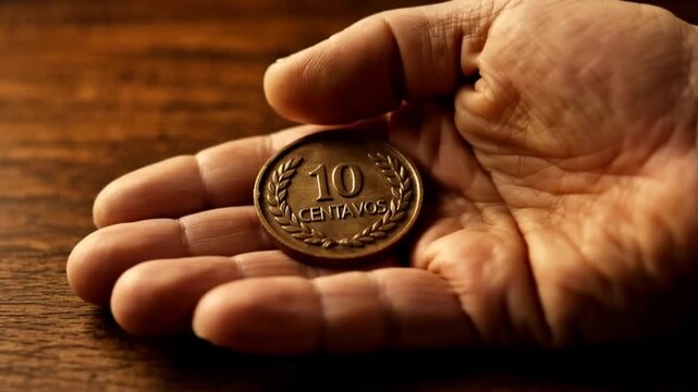 Hand holding a copper coin closeup.