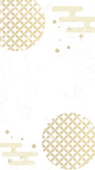 和紙に七宝文様と霞の雲のあしらいを配した和風背景　縦長レイアウトの上品なイラスト