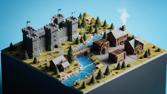 Miniature medieval castle kingdom. Fantasy diorama for a tabletop strategy game.
