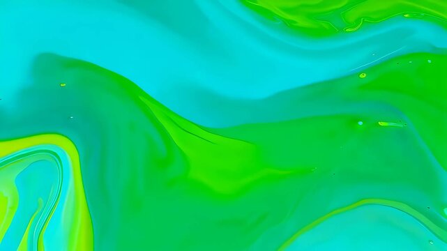 Abstract video of blue and green acrylic paint flowing and mixing, creating a vibrant marbled pattern and dynamic background