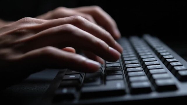 Close-up view of hands typing on a black keyboard in low light, fingers focused