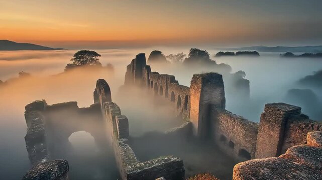 Ancient Great Wall of China Emerging from a Sea of Fog at Sunrise
