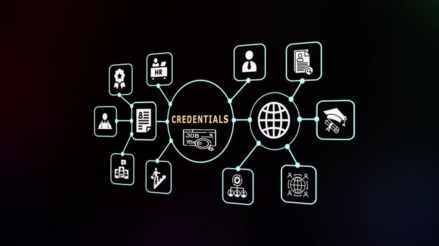 Professional credentials concept with certification, resume verification and HR recruitment icons.