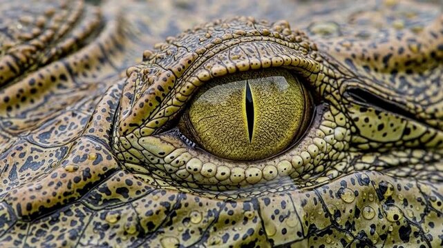 An extreme close-up captures the intricate details of a powerful reptile's eye, showcasing its ancient, textured scales and the mesmerizing movement of its nictitating membrane as it blinks. Water dro