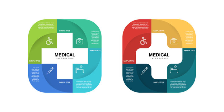 Vector plus infographic set, medical diagram, healthcare graph, hospital presentation, emergency chart. Medicine doctor logo. Concept with 4 options, parts, steps, processes. editable vector