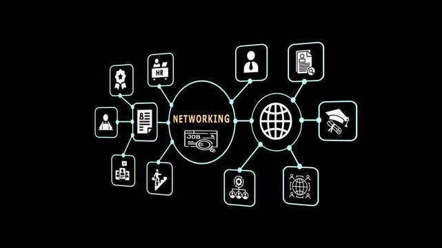 Networking and corporate communication concept with global digital connections, organizational workflow and business technology icons.