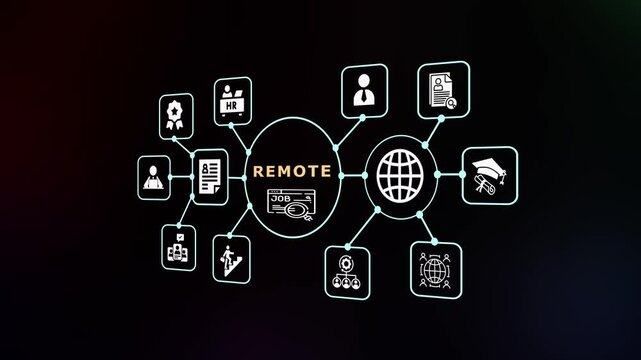 Remote work and virtual organization concept with global digital communication network and online business management icons.