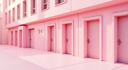 Many doors in a row on the side of a building pink background  real estate