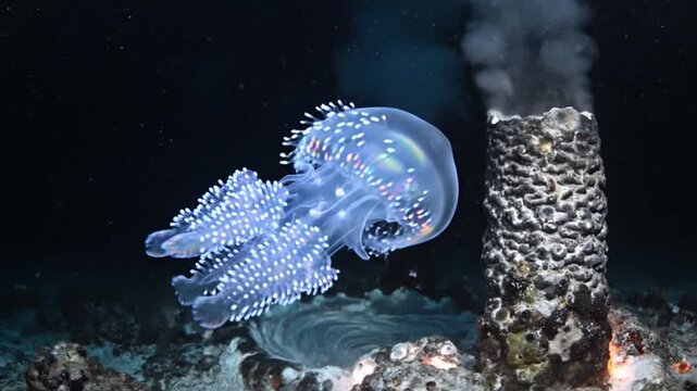 Deep-sea jellyfish swimming near a hydrothermal vent on the ocean floor, viewed from a submersible, surrounded by marine life.