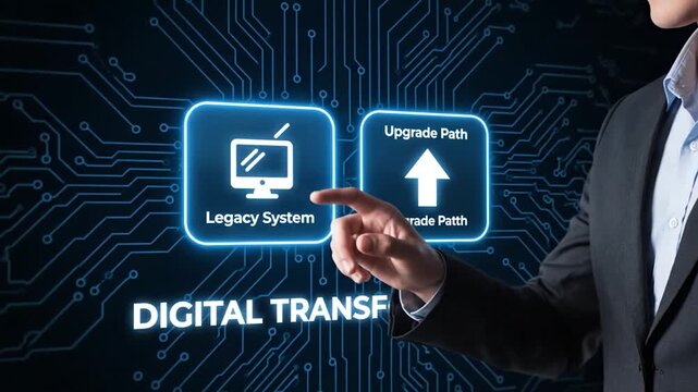 Concept of digital transformation shows upgrading legacy systems. Text and circuits over a dark background