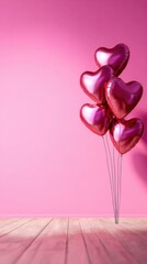 Fototapeta premium Pastel pink backdrop with a cluster of glossy heart-shaped balloons resting on a wooden floor with soft mood!!