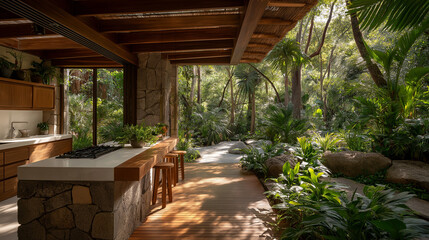 Fototapeta premium Open-Air Kitchen in Jungle : A kitchen seamlessly blends with the lush greenery, featuring natural stone and wooden elements, creating a tranquil cooking space amidst the vibrant jungle setting.