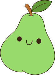 Cute green pear character with smiling face and leaf on top, perfect for children illustrations or playful designs