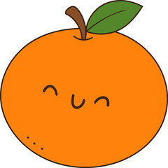 Cute orange fruit with smiling face and green leaf, radiating joy and freshness
