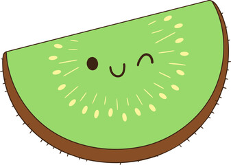 Cute fruit illustration featuring smiling kiwi slice with playful wink, showcasing vibrant green color and cheerful expression